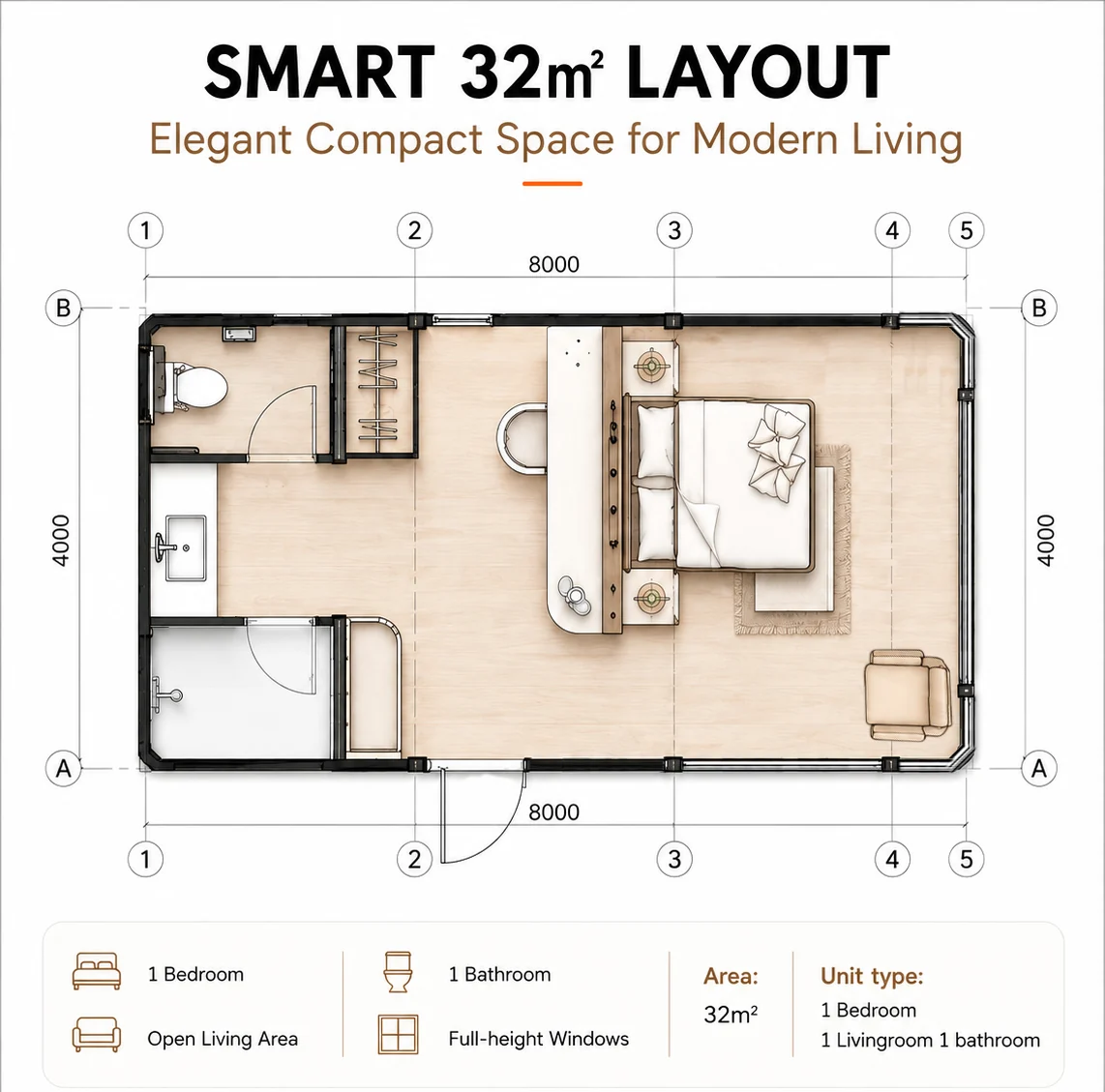 AP-8 modular house 32 sqm floor plan 8000 by 4000 mm