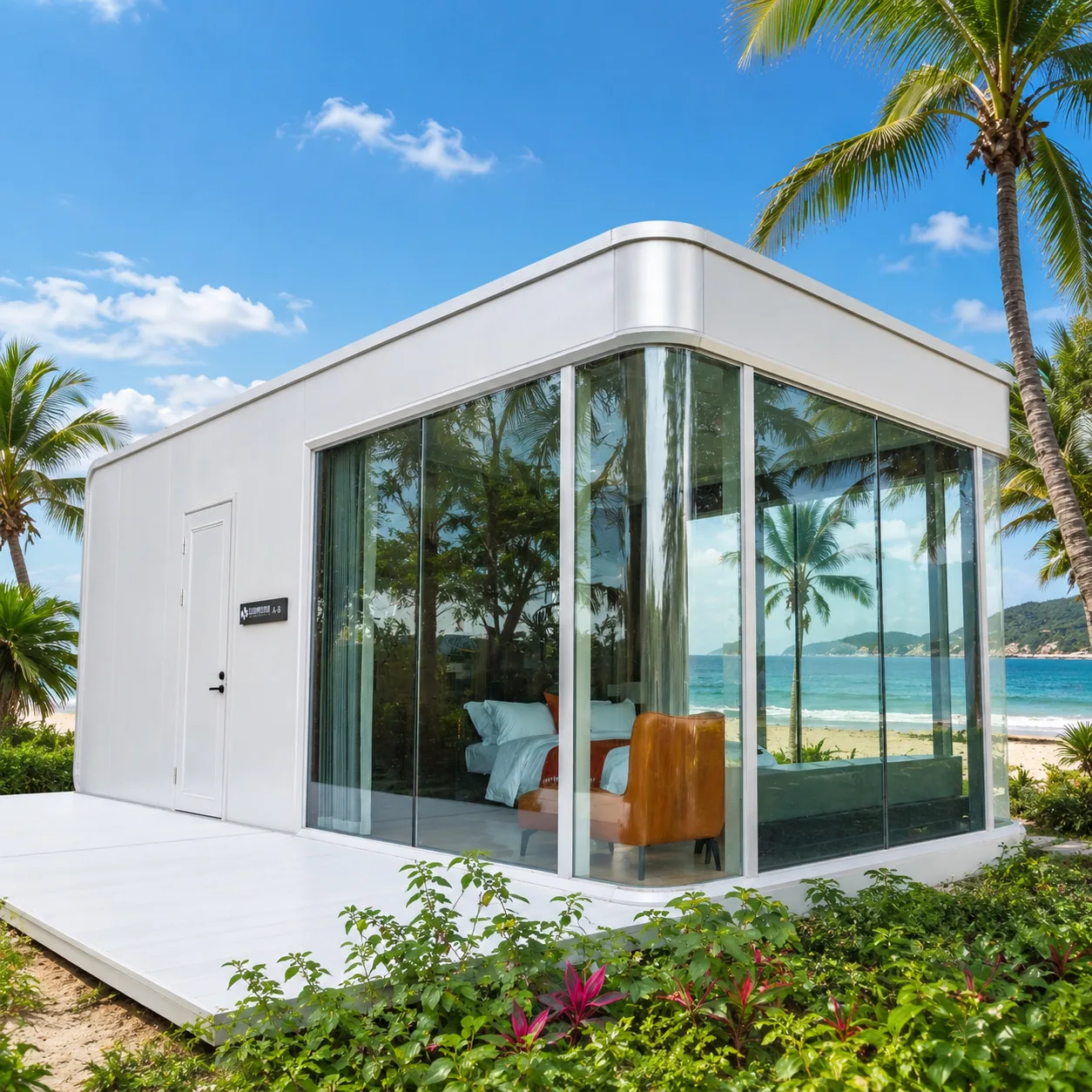 Alumodular prefab resort house exterior with panoramic glass facade